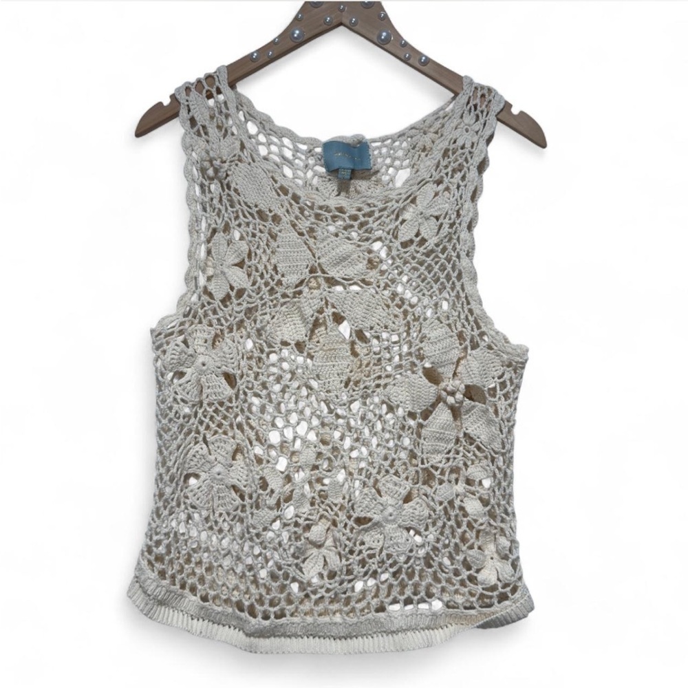 Skies Are Blue Ivory Floral Crochet Tank Top Sheer Blouse, Summer Boho Festival